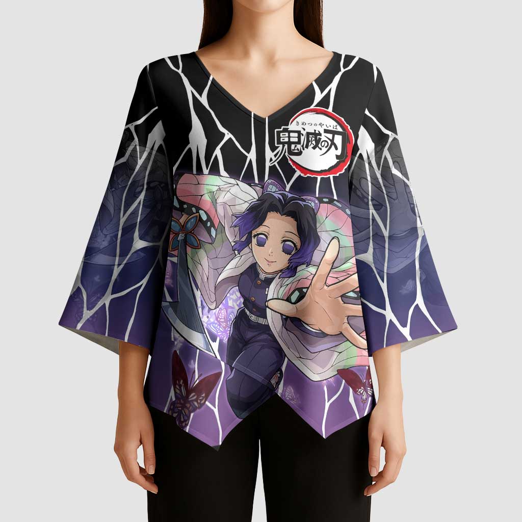 Shinobu Kocho Demon Slayer Kimono Sleeve Blouse with Purple and Black Web Style Design - The Mazicc