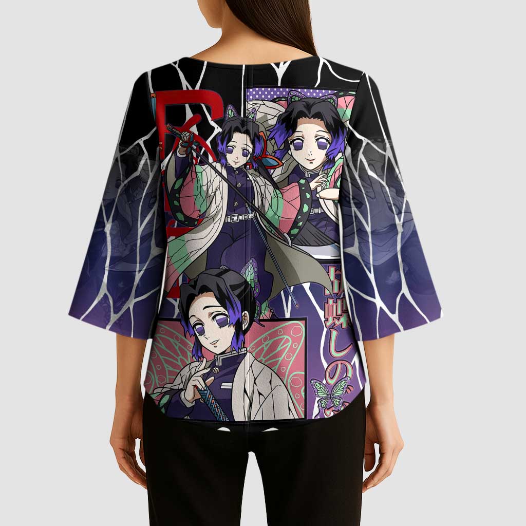 Shinobu Kocho Demon Slayer Kimono Sleeve Blouse with Purple and Black Web Style Design - The Mazicc