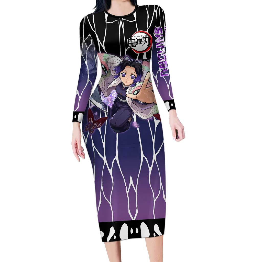 Shinobu Kocho Demon Slayer Long Sleeve Bodycon Dress with Purple and Black Web Style Design - The Mazicc