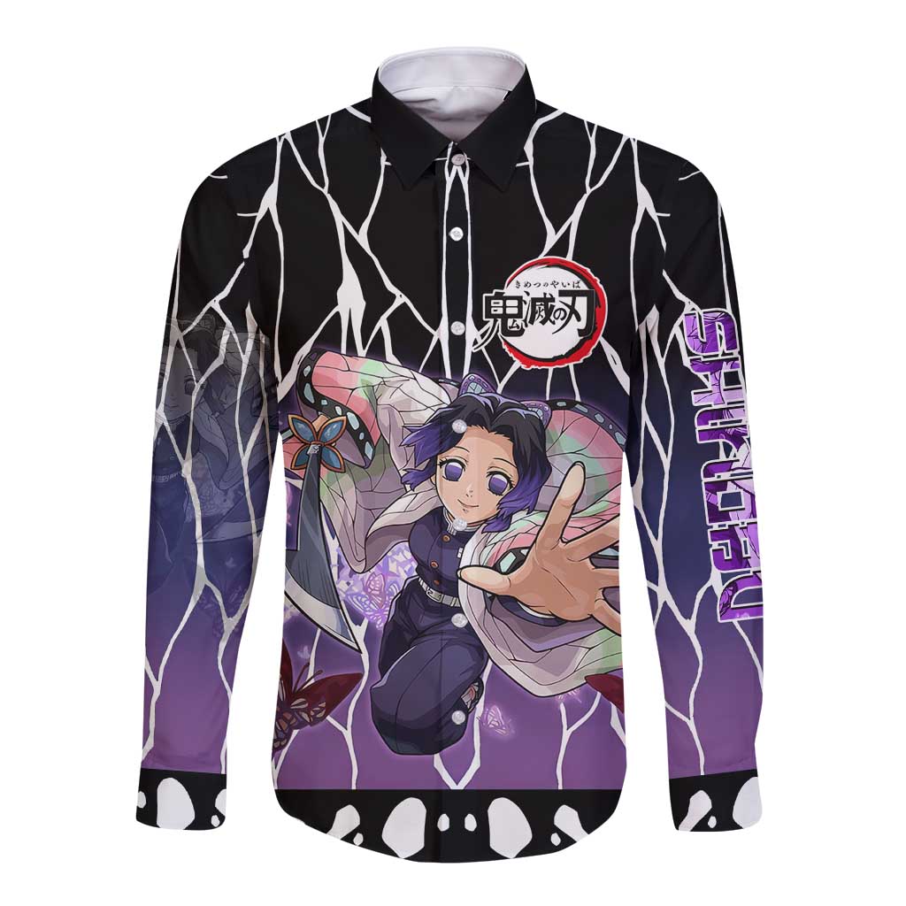 Shinobu Kocho Demon Slayer Long Sleeve Button Shirt with Purple and Black Web Style Design - The Mazicc
