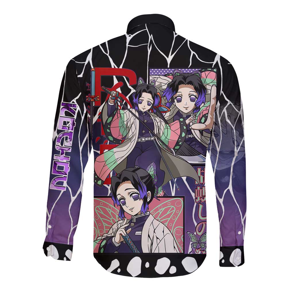 Shinobu Kocho Demon Slayer Long Sleeve Button Shirt with Purple and Black Web Style Design - The Mazicc