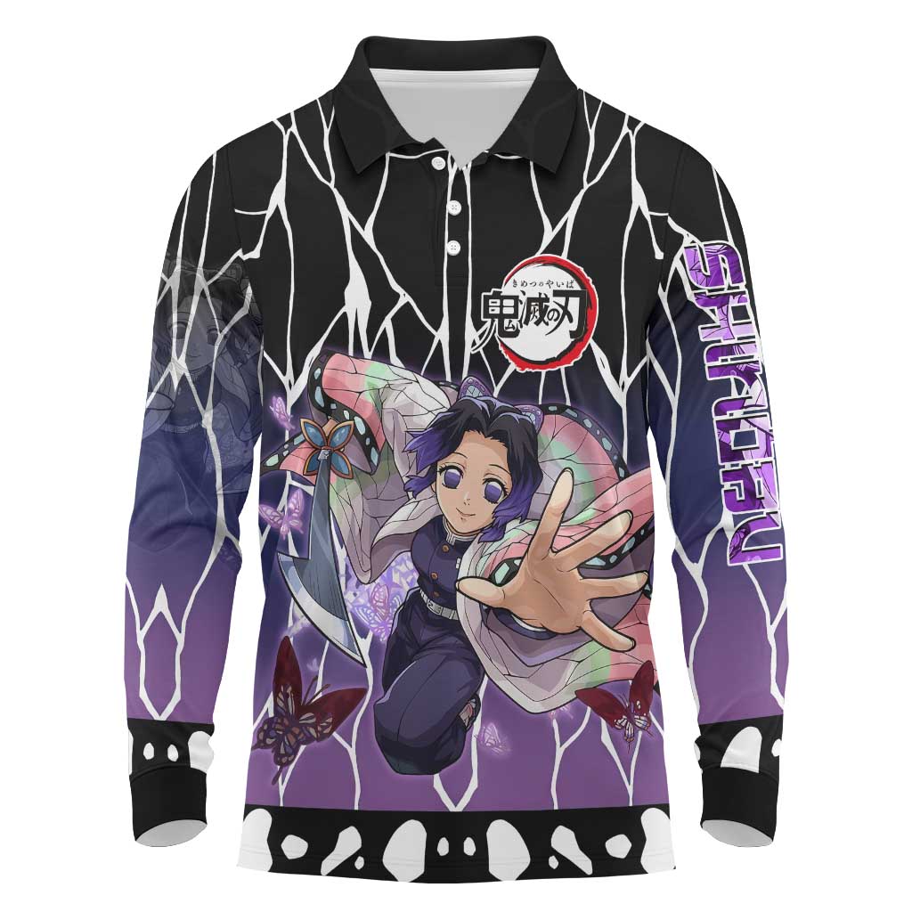Shinobu Kocho Demon Slayer Long Sleeve Polo Shirt with Purple and Black Web Style Design - The Mazicc