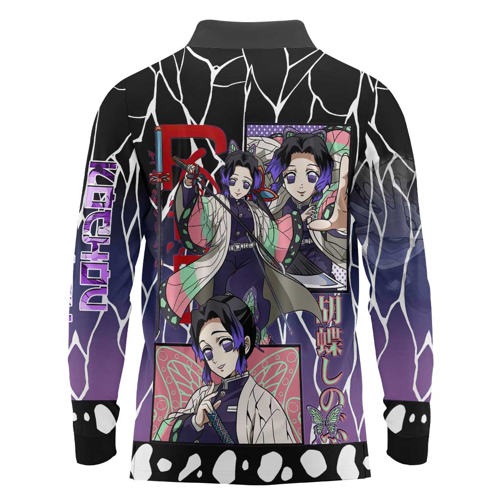 Shinobu Kocho Demon Slayer Long Sleeve Polo Shirt with Purple and Black Web Style Design - The Mazicc