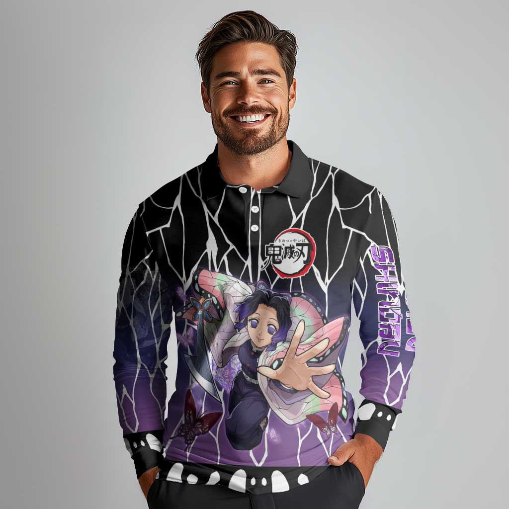 Shinobu Kocho Demon Slayer Long Sleeve Polo Shirt with Purple and Black Web Style Design - The Mazicc