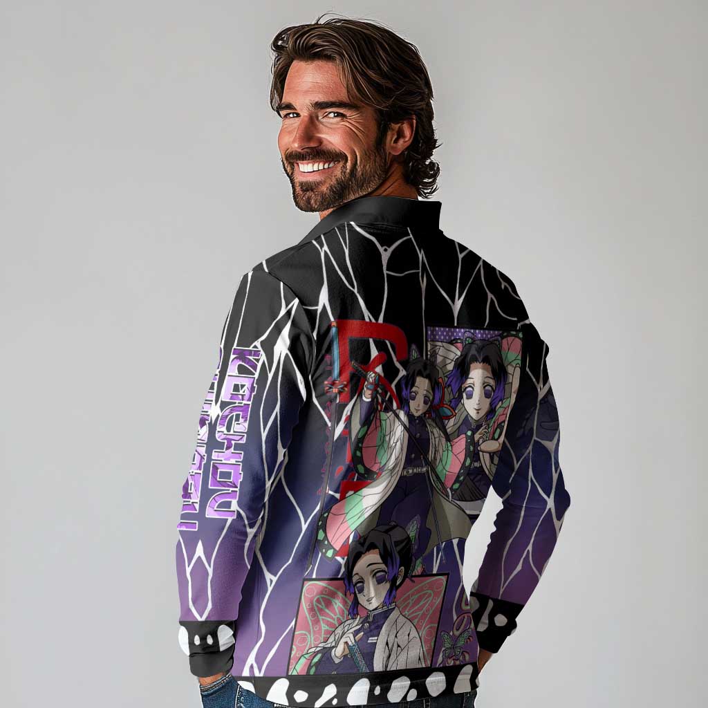 Shinobu Kocho Demon Slayer Long Sleeve Polo Shirt with Purple and Black Web Style Design - The Mazicc