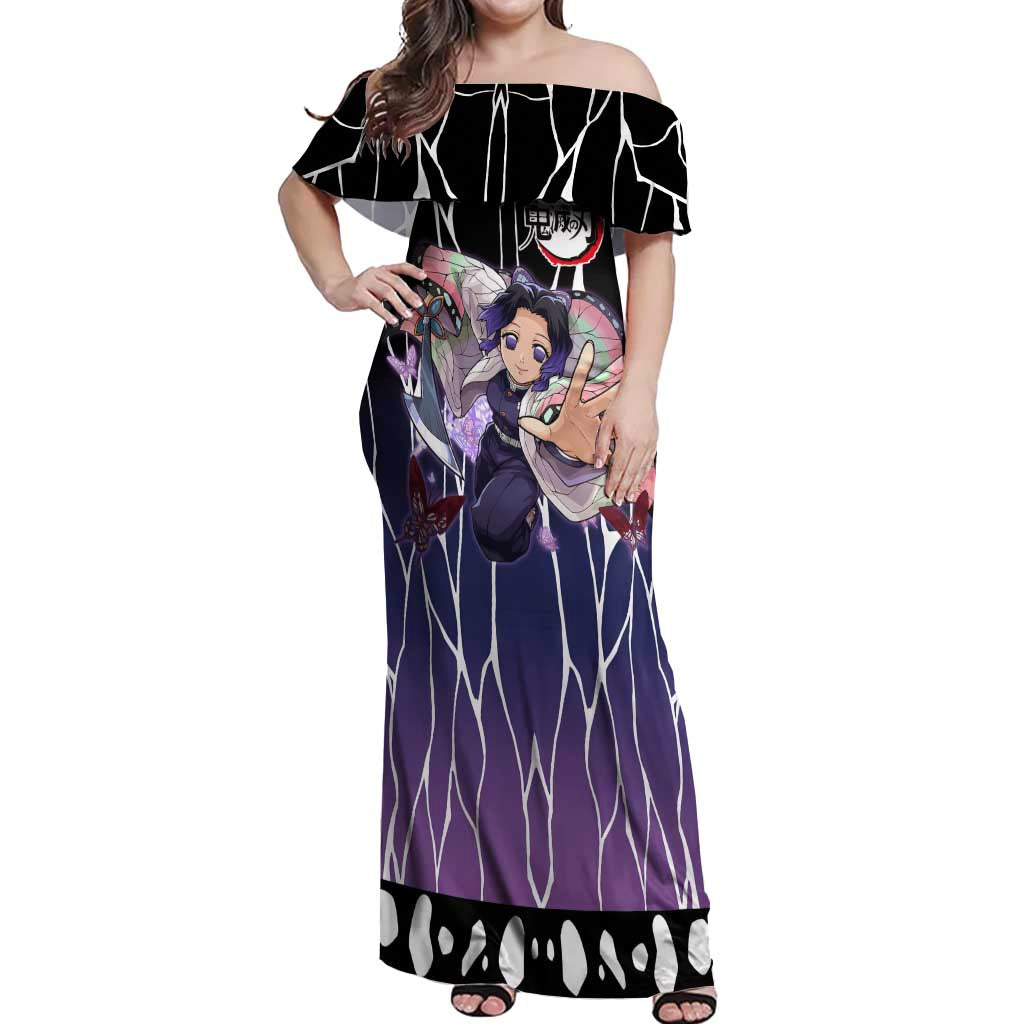 Shinobu Kocho Demon Slayer Off Shoulder Maxi Dress with Purple and Black Web Style Design - The Mazicc