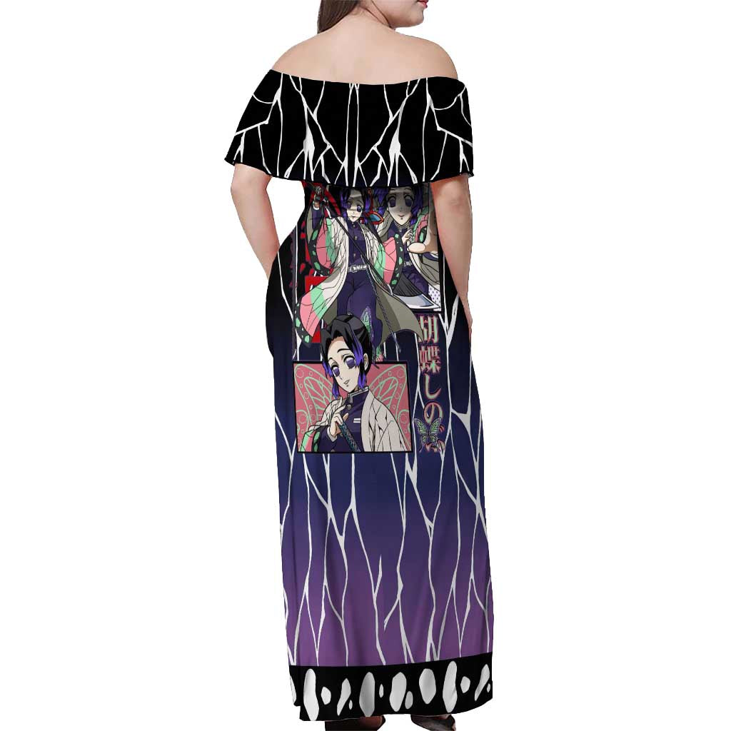 Shinobu Kocho Demon Slayer Off Shoulder Maxi Dress with Purple and Black Web Style Design - The Mazicc