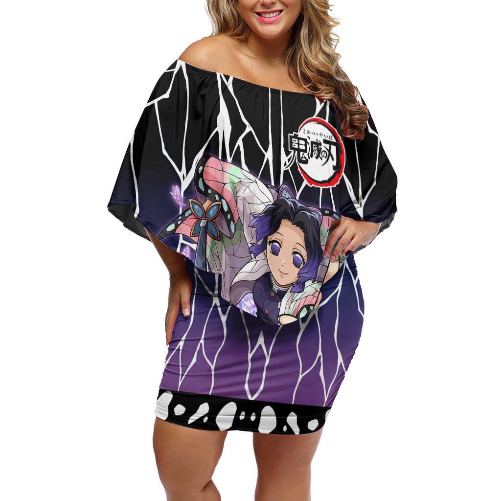 Shinobu Kocho Demon Slayer Off Shoulder Short Dress with Purple and Black Web Style Design - The Mazicc