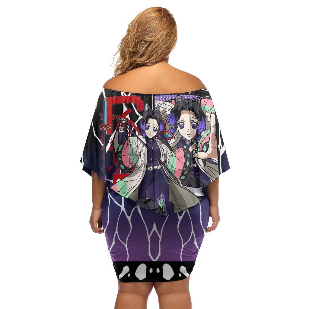 Shinobu Kocho Demon Slayer Off Shoulder Short Dress with Purple and Black Web Style Design - The Mazicc
