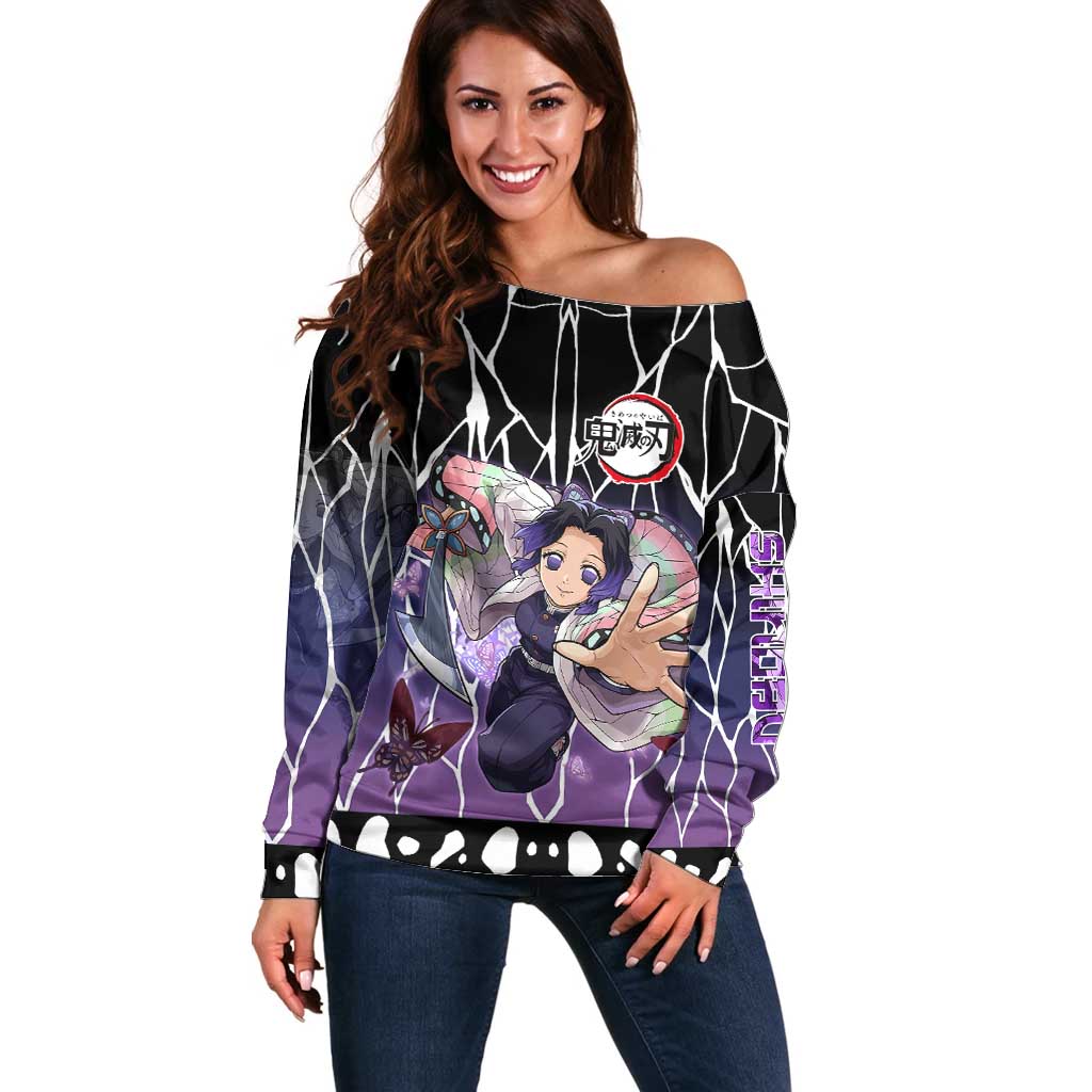 Shinobu Kocho Demon Slayer Off Shoulder Sweater with Purple and Black Web Style Design - The Mazicc
