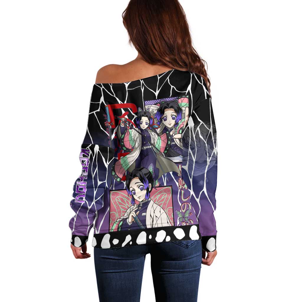 Shinobu Kocho Demon Slayer Off Shoulder Sweater with Purple and Black Web Style Design - The Mazicc