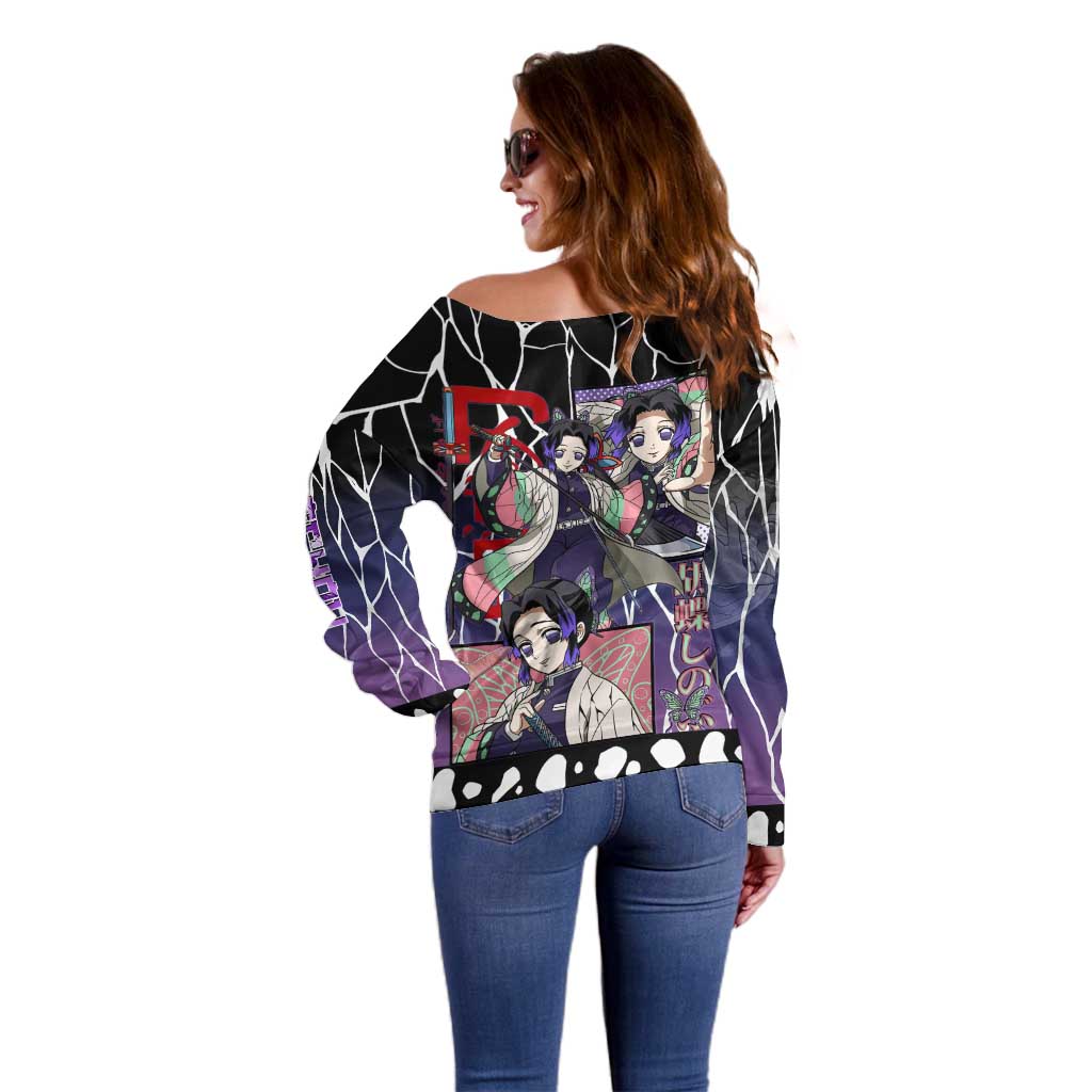 Shinobu Kocho Demon Slayer Off Shoulder Sweater with Purple and Black Web Style Design - The Mazicc