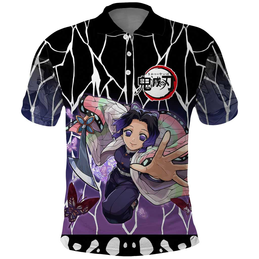 Shinobu Kocho Demon Slayer Polo Shirt with Purple and Black Web Style Design - The Mazicc