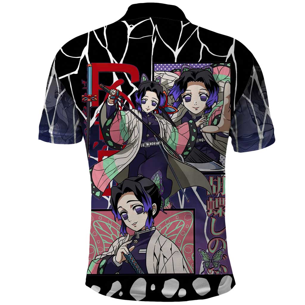 Shinobu Kocho Demon Slayer Polo Shirt with Purple and Black Web Style Design - The Mazicc