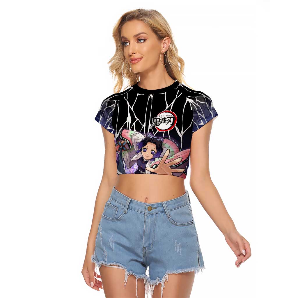 Shinobu Kocho Demon Slayer Raglan Cropped T Shirt with Purple and Black Web Style Design - The Mazicc
