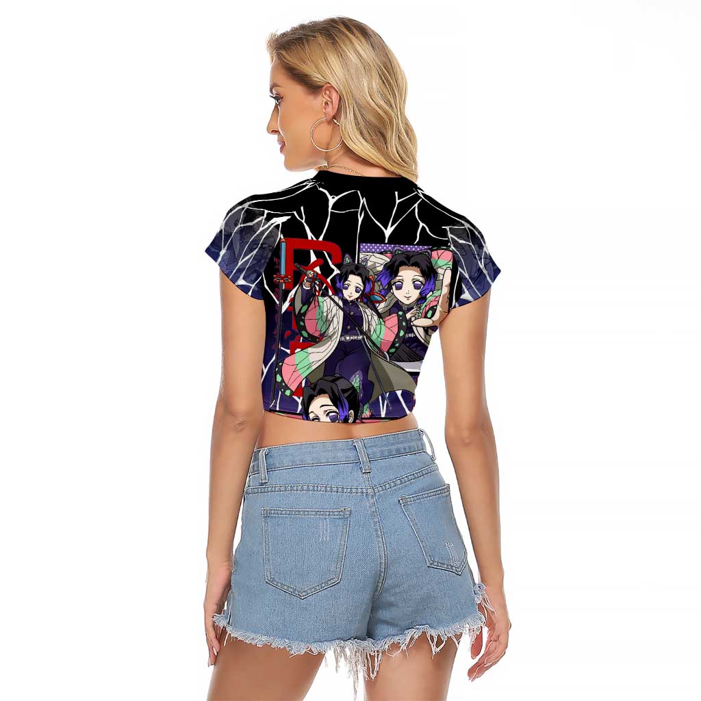 Shinobu Kocho Demon Slayer Raglan Cropped T Shirt with Purple and Black Web Style Design - The Mazicc