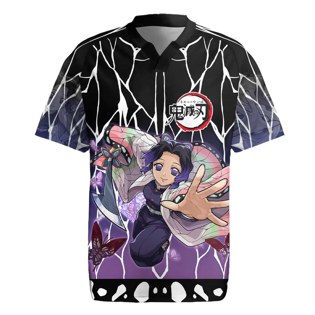 Shinobu Kocho Demon Slayer Rugby Jersey with Purple and Black Web Style Design - The Mazicc