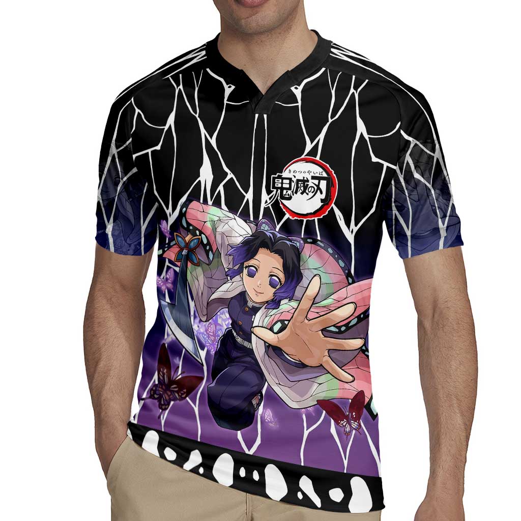 Shinobu Kocho Demon Slayer Rugby Jersey with Purple and Black Web Style Design - The Mazicc
