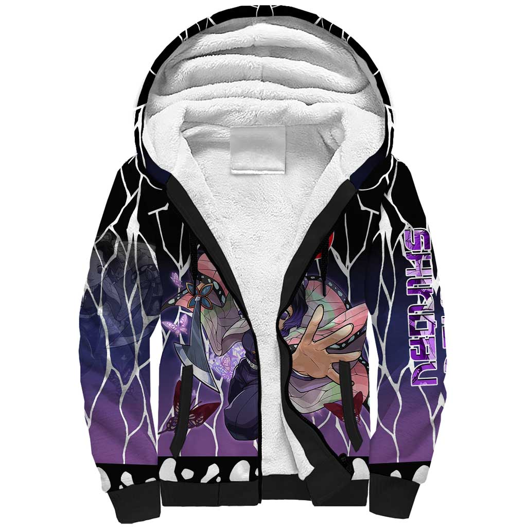 Shinobu Kocho Demon Slayer Sherpa Hoodie with Purple and Black Web Style Design - The Mazicc