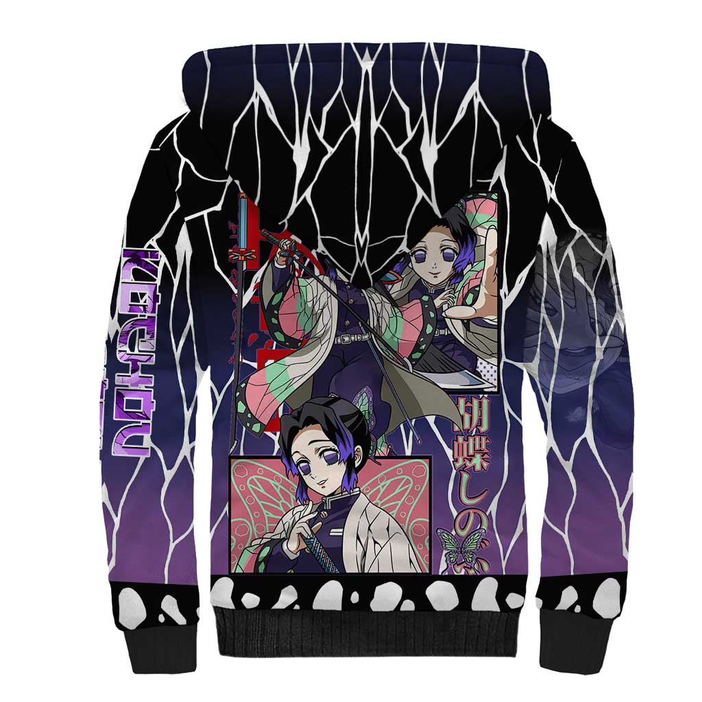 Shinobu Kocho Demon Slayer Sherpa Hoodie with Purple and Black Web Style Design - The Mazicc