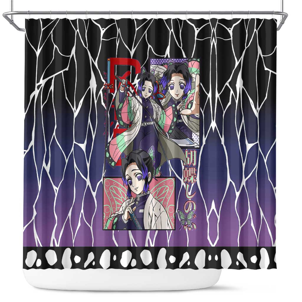 Shinobu Kocho Demon Slayer Shower Curtain with Purple and Black Web Style Design - The Mazicc