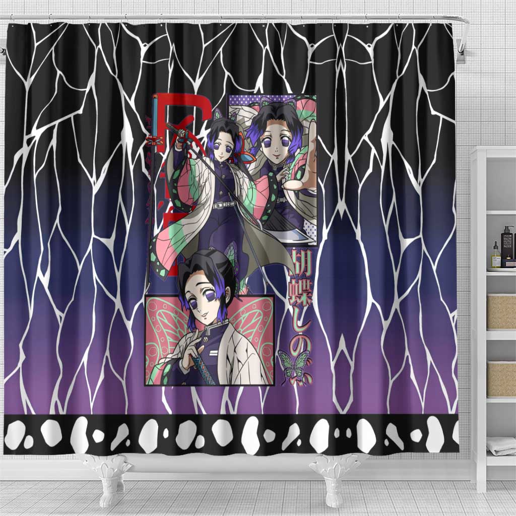 Shinobu Kocho Demon Slayer Shower Curtain with Purple and Black Web Style Design - The Mazicc