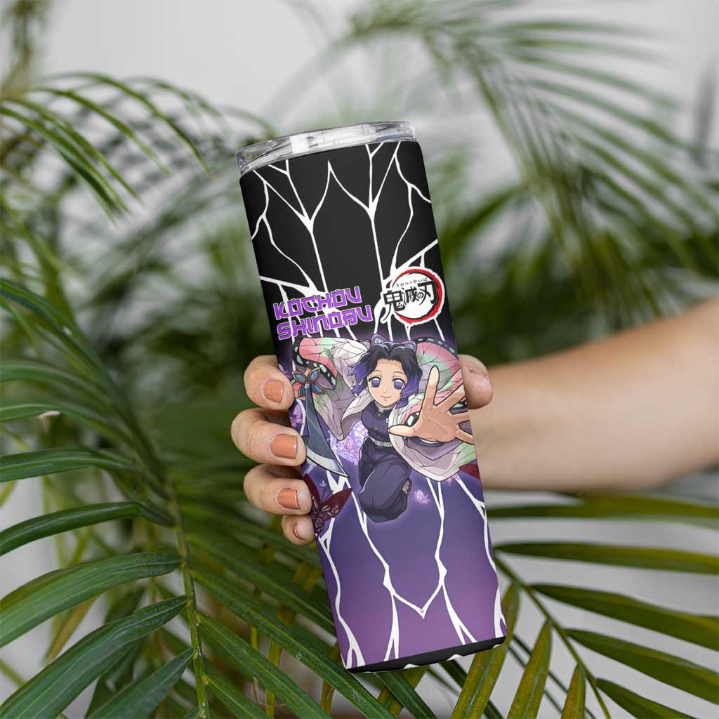 Shinobu Kocho Demon Slayer Skinny Tumbler with Purple and Black Web Style Design - The Mazicc