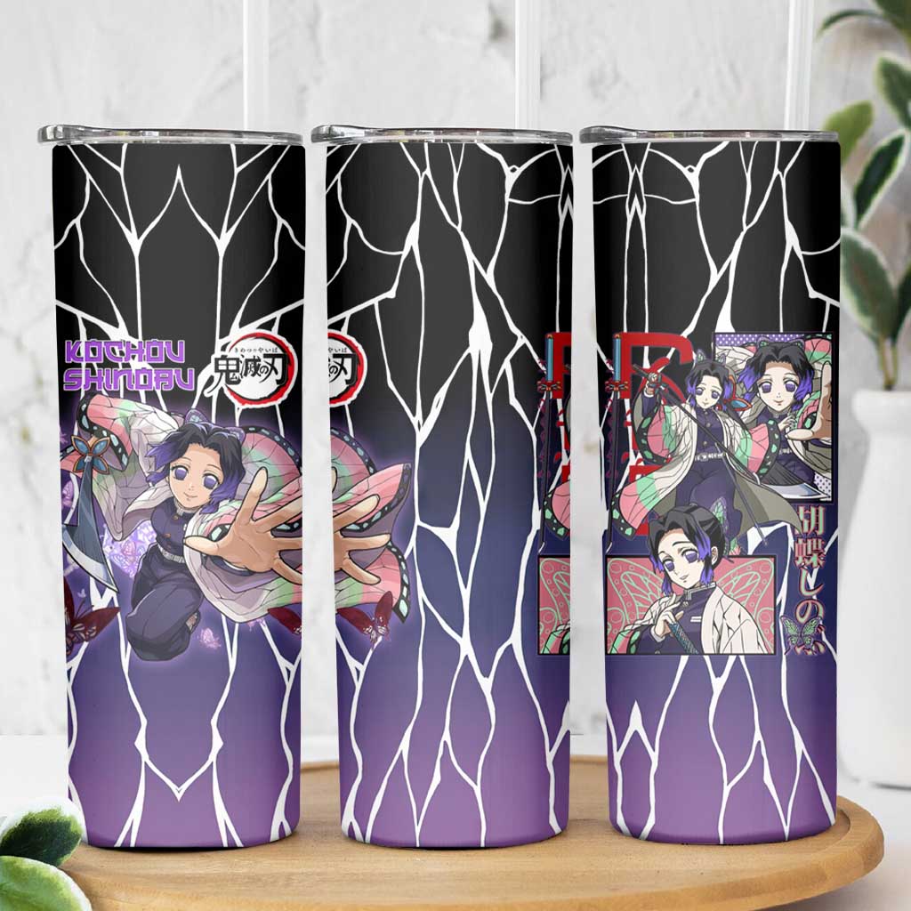 Shinobu Kocho Demon Slayer Skinny Tumbler with Purple and Black Web Style Design - The Mazicc