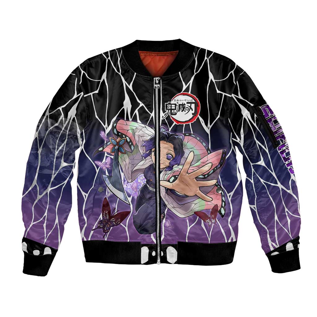 Shinobu Kocho Demon Slayer Sleeve Zip Bomber Jacket with Purple and Black Web Style Design - The Mazicc