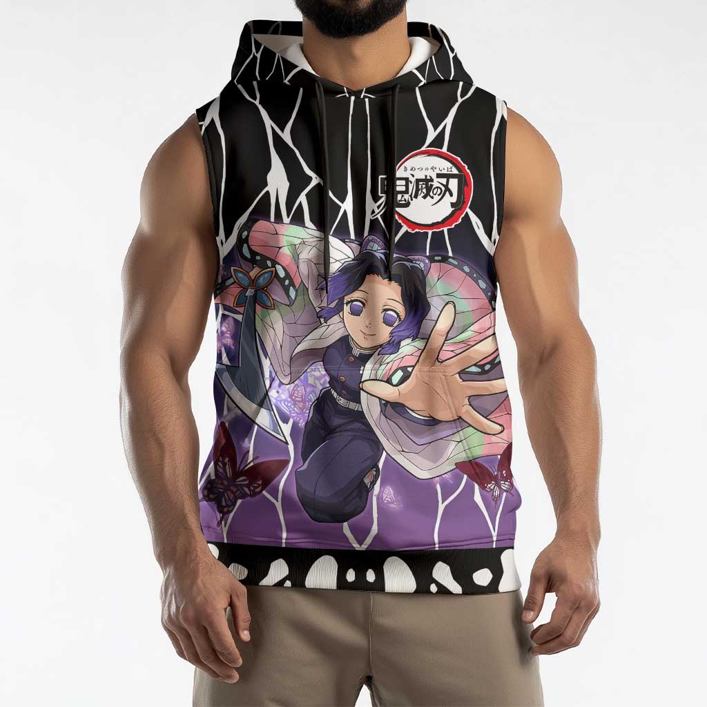 Shinobu Kocho Demon Slayer Sleeveless Hoodie with Purple and Black Web Style Design - The Mazicc