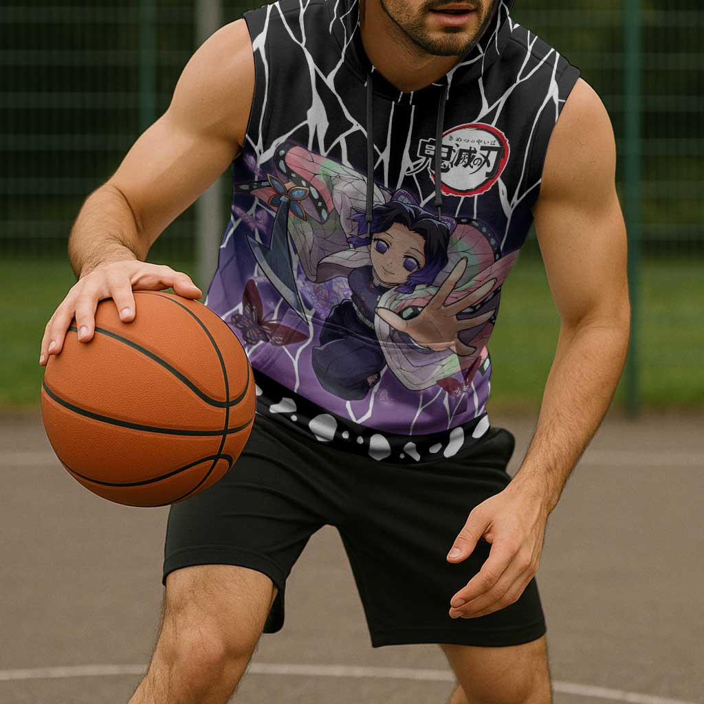 Shinobu Kocho Demon Slayer Sleeveless Hoodie with Purple and Black Web Style Design - The Mazicc