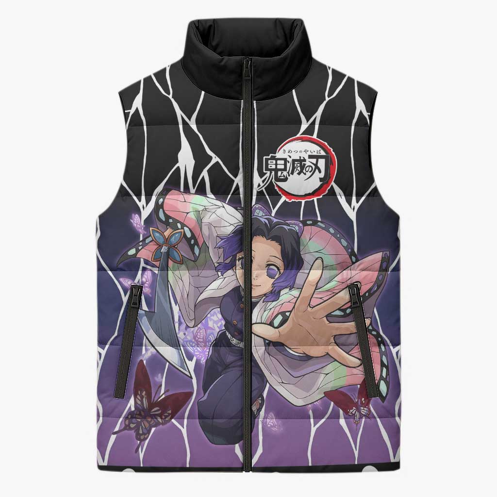 Shinobu Kocho Demon Slayer Sleeveless Puffer Jacket with Purple and Black Web Style Design - The Mazicc