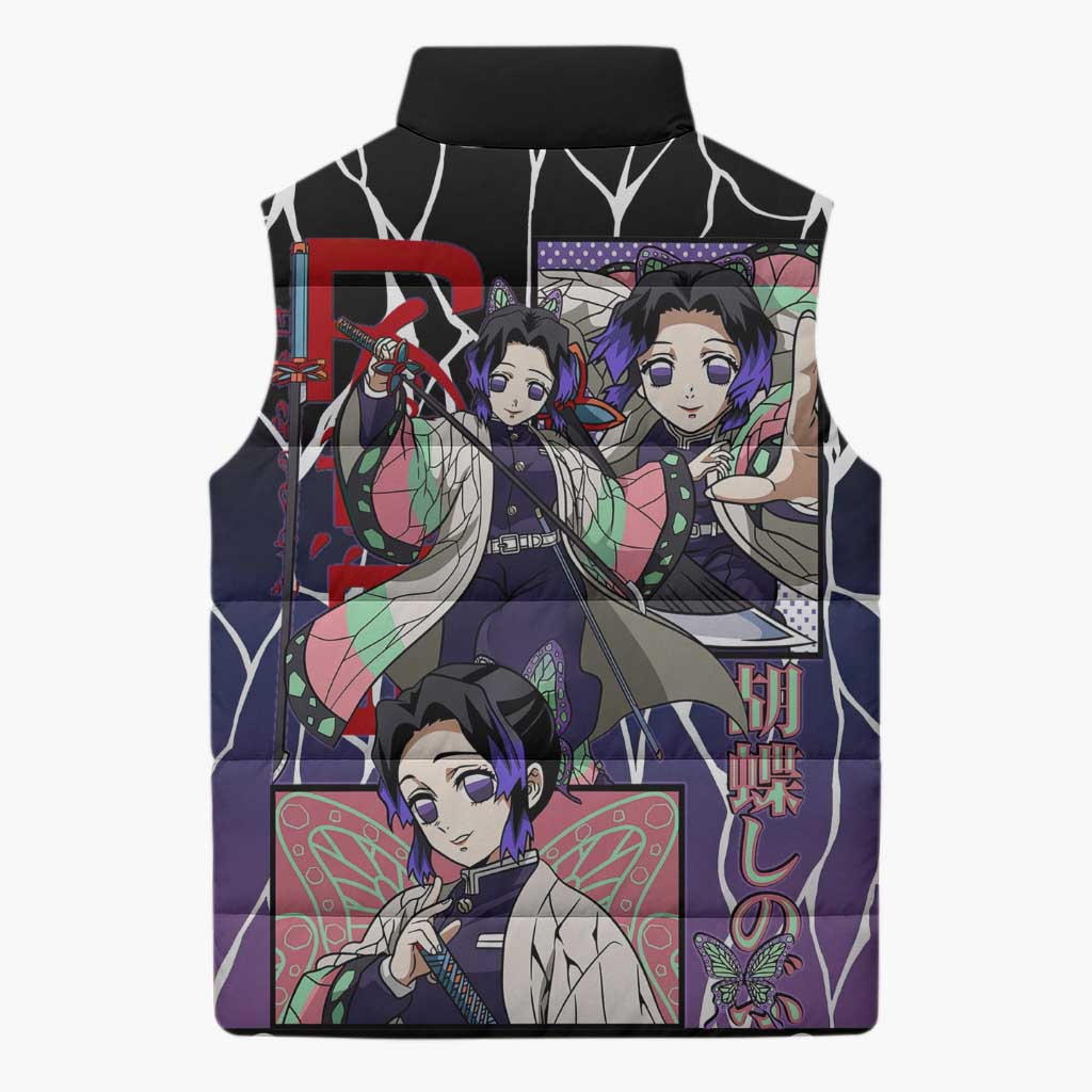 Shinobu Kocho Demon Slayer Sleeveless Puffer Jacket with Purple and Black Web Style Design - The Mazicc
