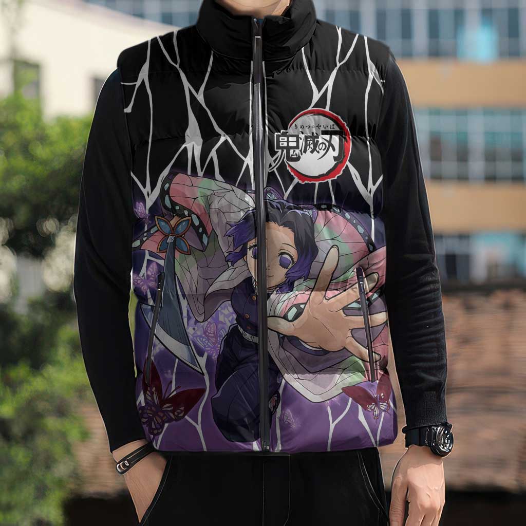 Shinobu Kocho Demon Slayer Sleeveless Puffer Jacket with Purple and Black Web Style Design - The Mazicc