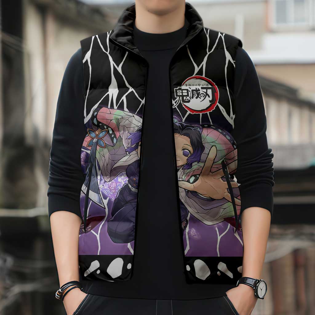 Shinobu Kocho Demon Slayer Sleeveless Puffer Jacket with Purple and Black Web Style Design - The Mazicc