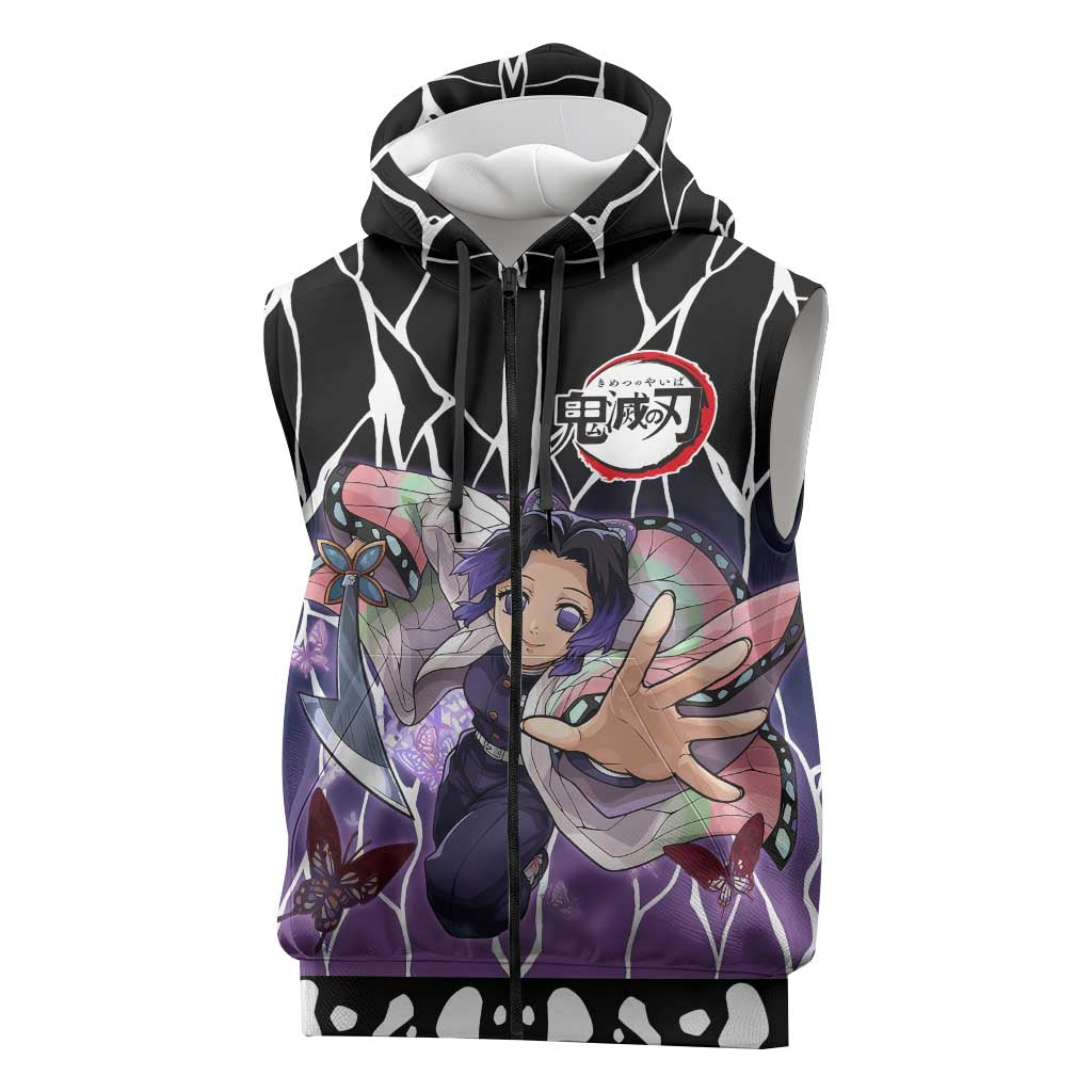 Shinobu Kocho Demon Slayer Sleeveless Zip Hoodie with Purple and Black Web Style Design - The Mazicc