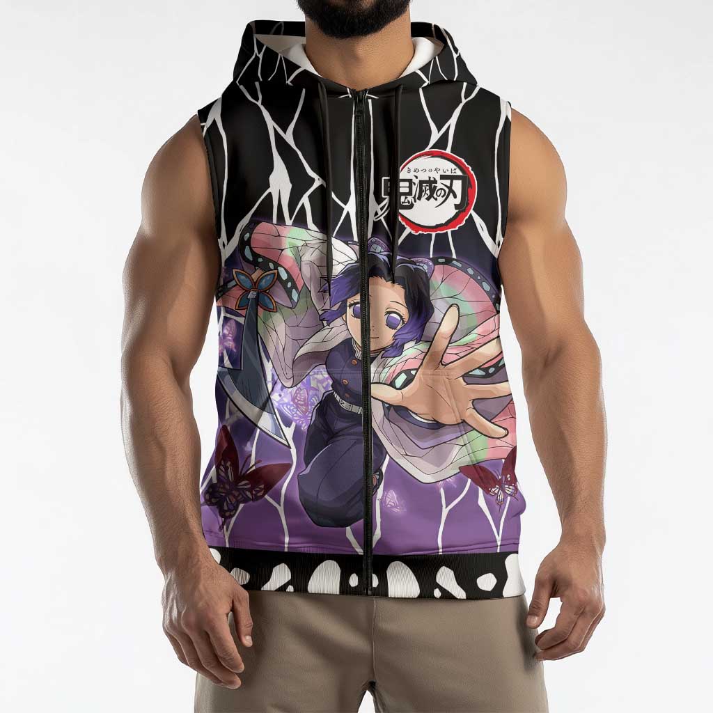 Shinobu Kocho Demon Slayer Sleeveless Zip Hoodie with Purple and Black Web Style Design - The Mazicc