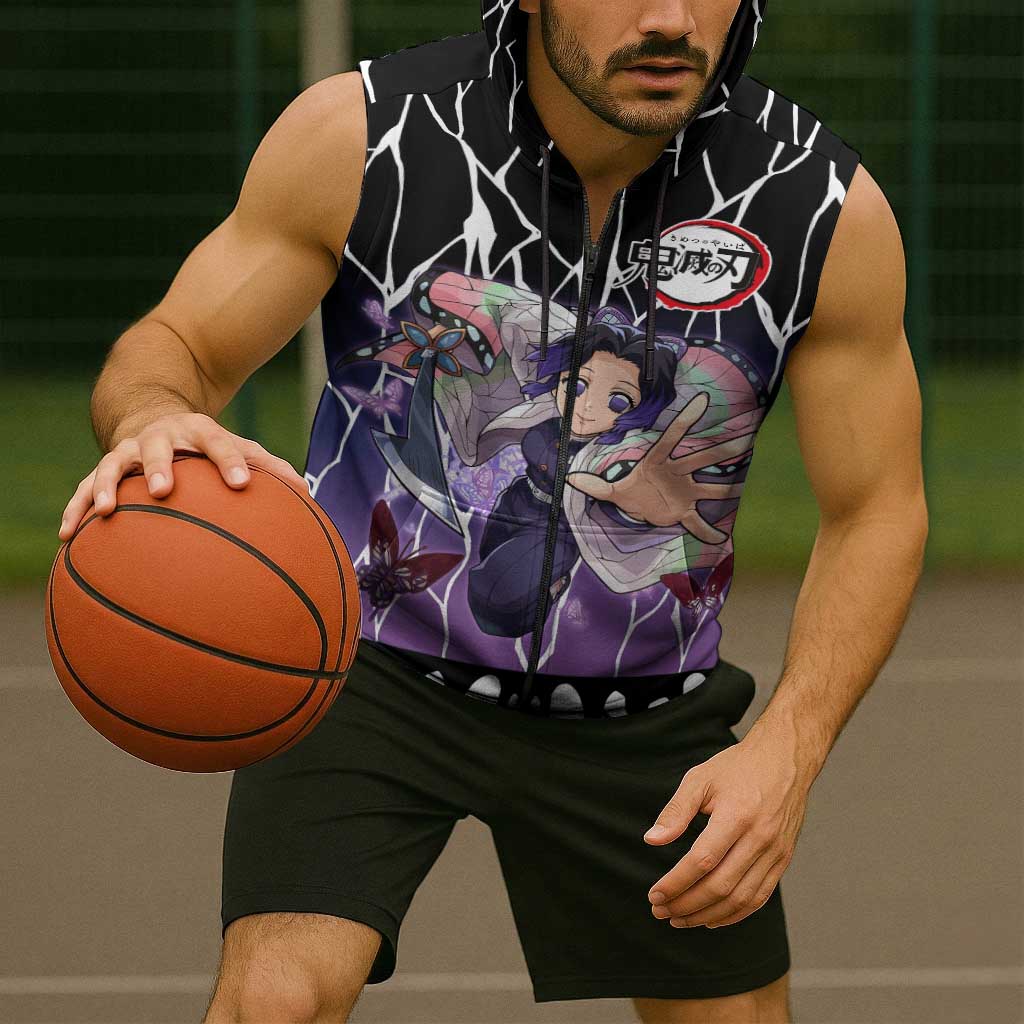 Shinobu Kocho Demon Slayer Sleeveless Zip Hoodie with Purple and Black Web Style Design - The Mazicc
