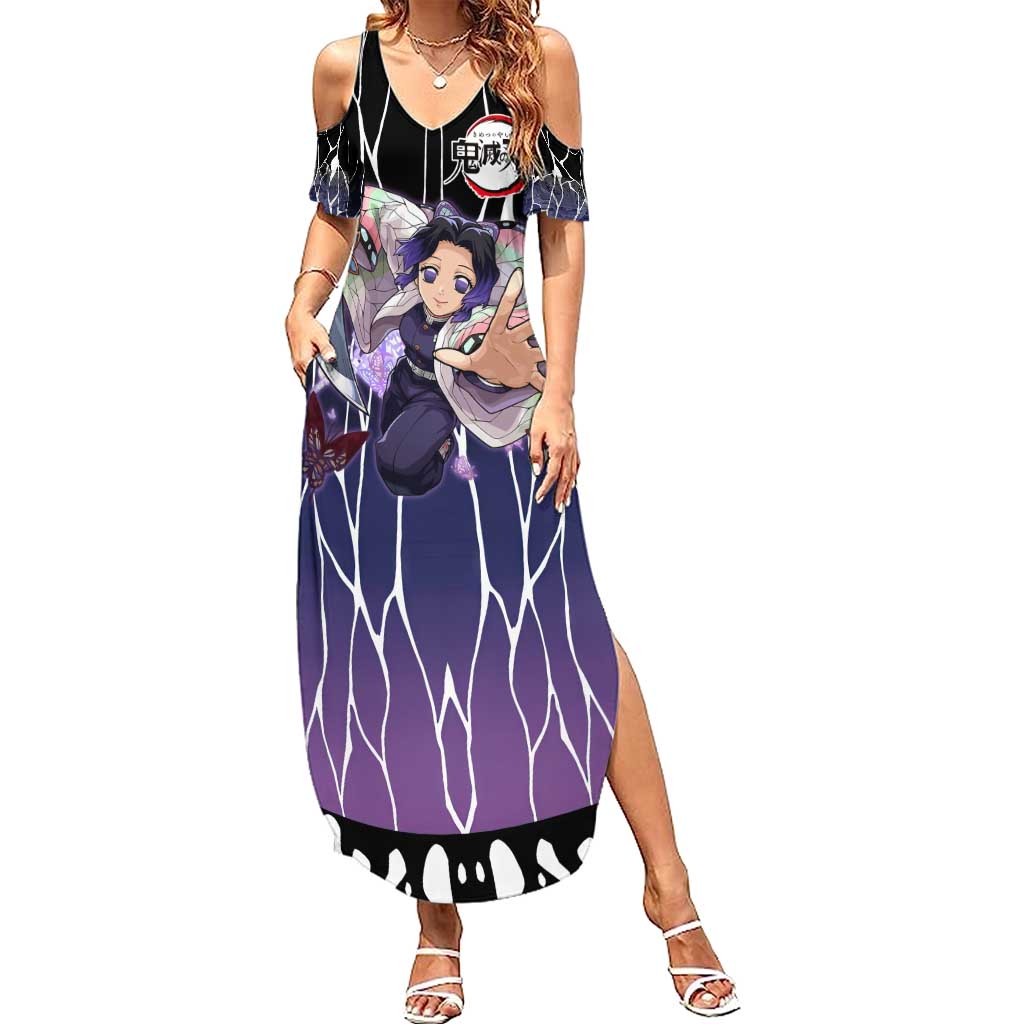 Shinobu Kocho Demon Slayer Summer Maxi Dress with Purple and Black Web Style Design - The Mazicc