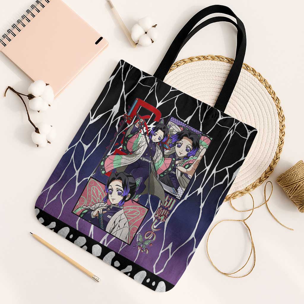 Shinobu Kocho Demon Slayer Tote Bag with Purple and Black Web Style Design - The Mazicc