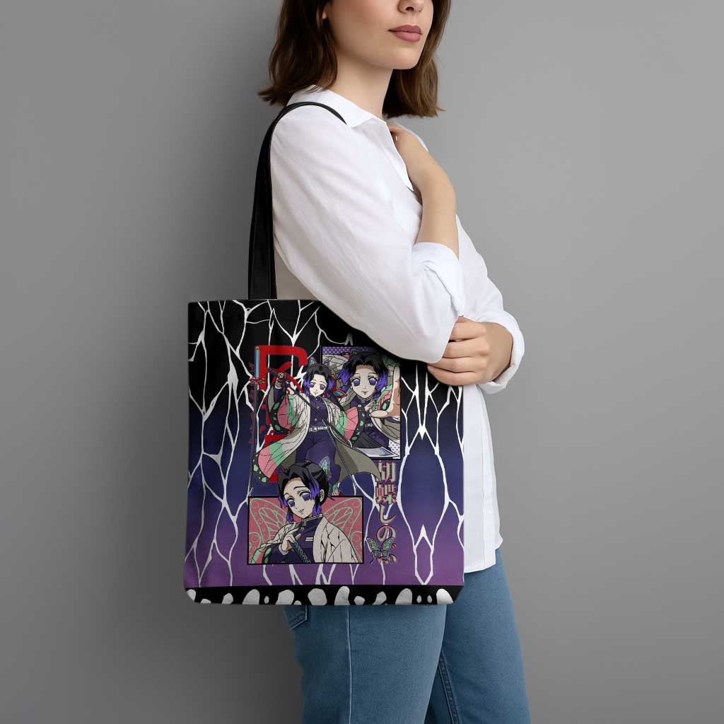 Shinobu Kocho Demon Slayer Tote Bag with Purple and Black Web Style Design - The Mazicc