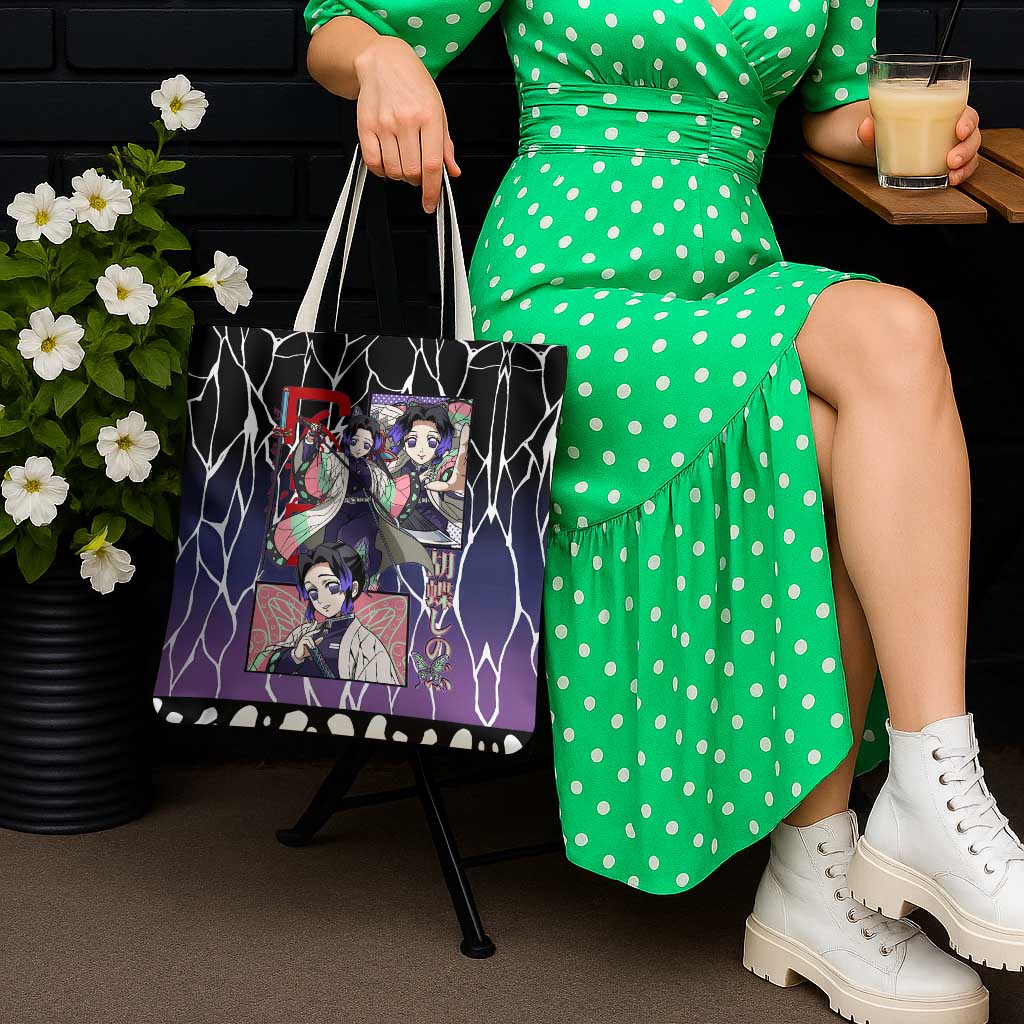 Shinobu Kocho Demon Slayer Tote Bag with Purple and Black Web Style Design - The Mazicc