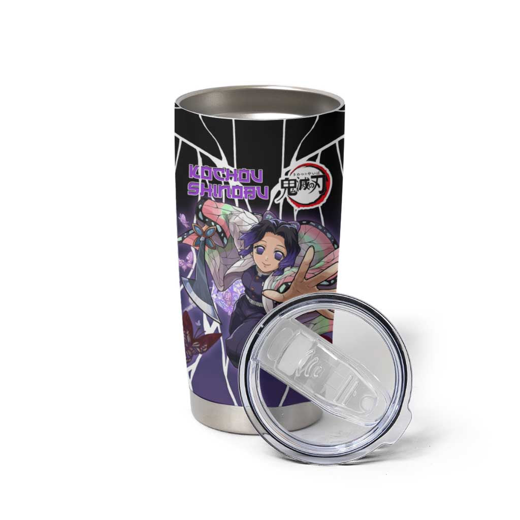 Shinobu Kocho Demon Slayer Tumbler Cup with Purple and Black Web Style Design - The Mazicc