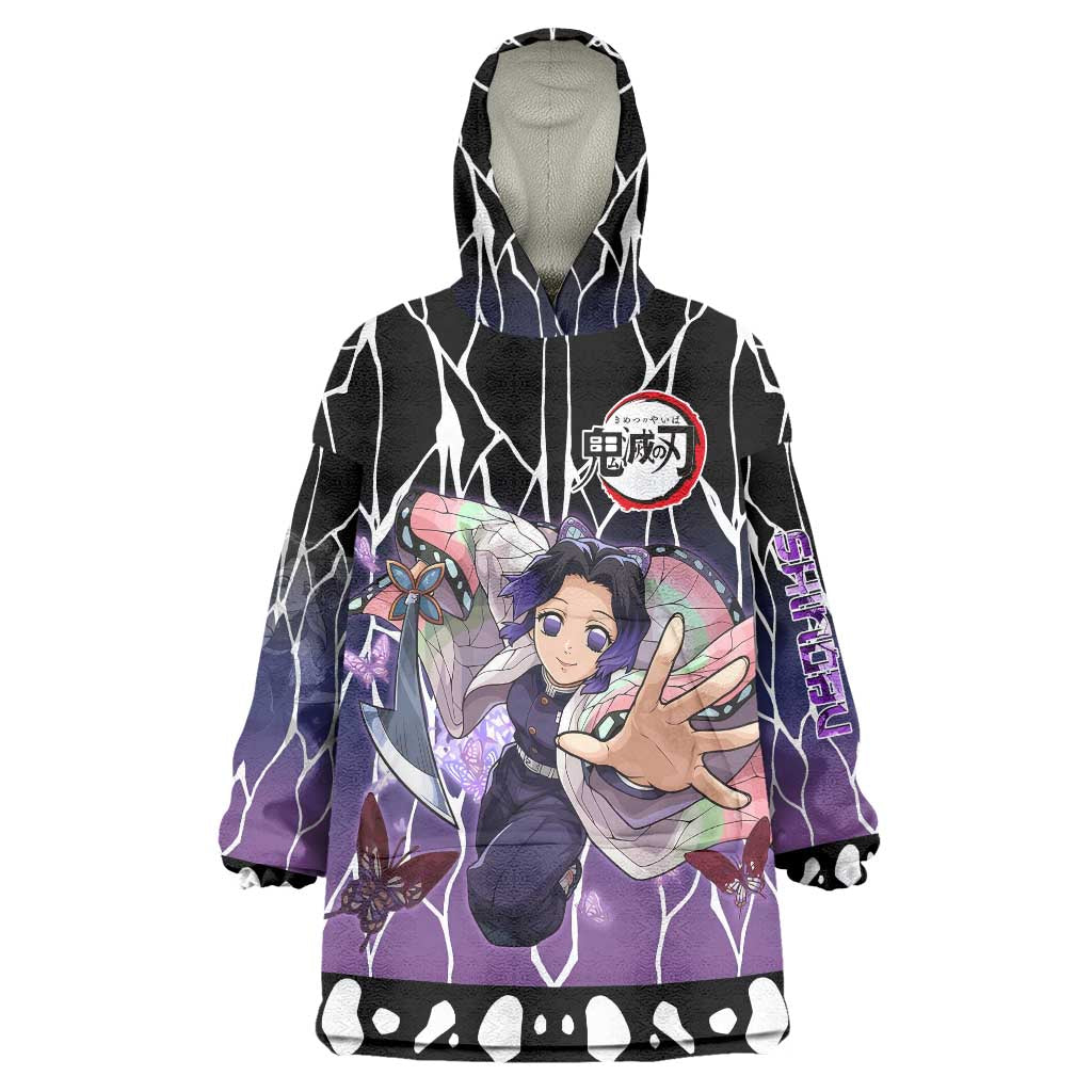 Shinobu Kocho Demon Slayer Wearable Blanket Hoodie with Purple and Black Web Style Design - The Mazicc