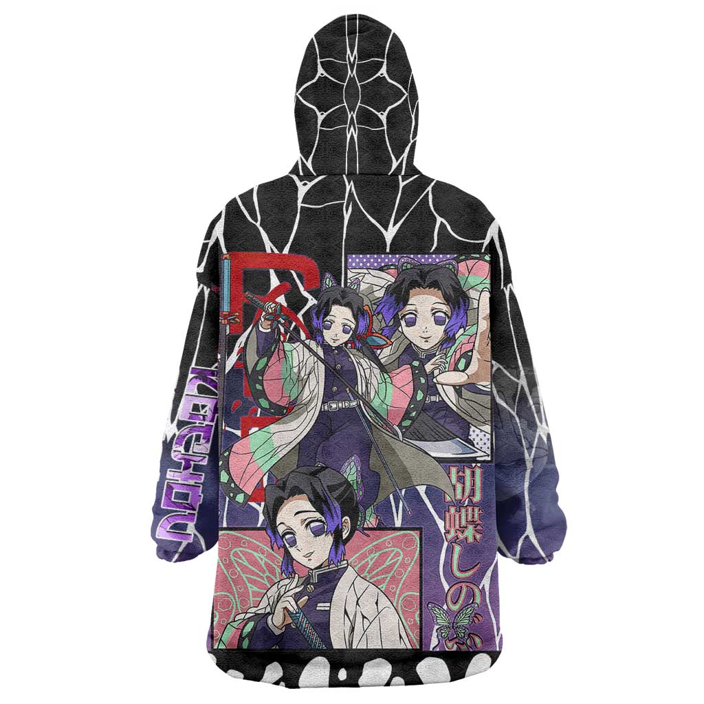 Shinobu Kocho Demon Slayer Wearable Blanket Hoodie with Purple and Black Web Style Design - The Mazicc