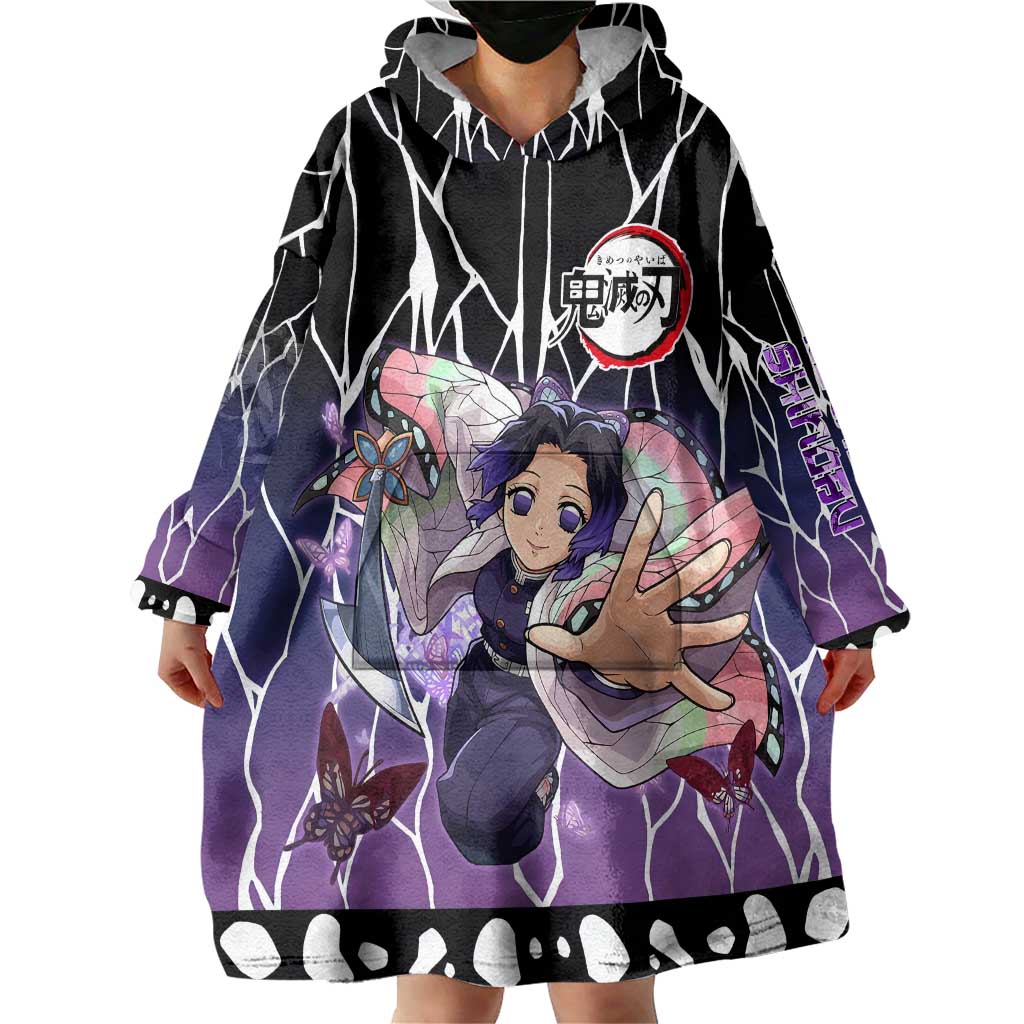 Shinobu Kocho Demon Slayer Wearable Blanket Hoodie with Purple and Black Web Style Design - The Mazicc