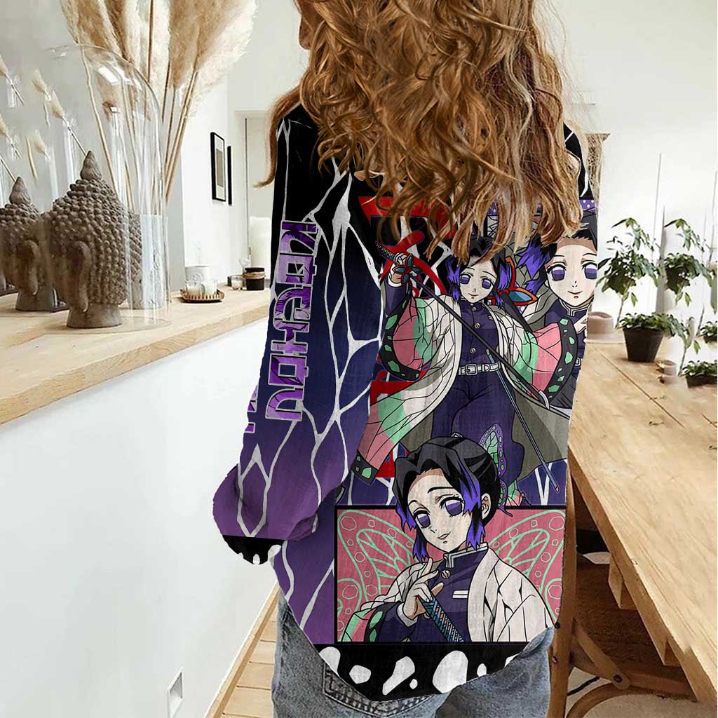 Shinobu Kocho Demon Slayer Women Casual Shirt with Purple and Black Web Style Design - The Mazicc