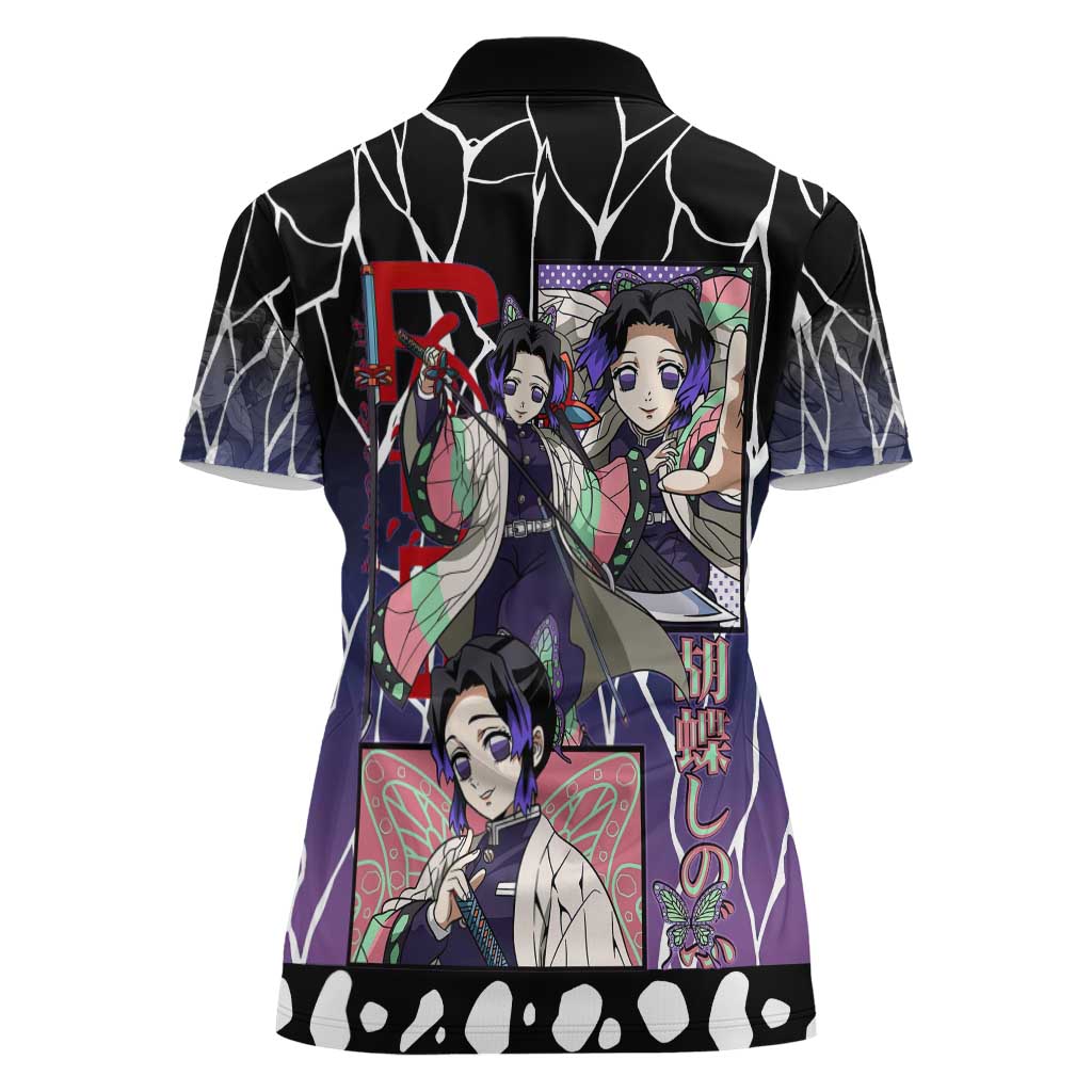 Shinobu Kocho Demon Slayer Women Polo Shirt with Purple and Black Web Style Design - The Mazicc