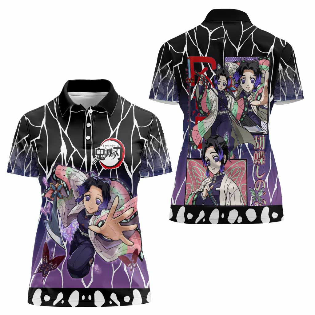 Shinobu Kocho Demon Slayer Women Polo Shirt with Purple and Black Web Style Design - The Mazicc