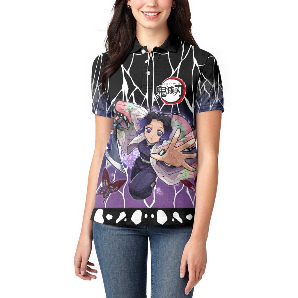 Shinobu Kocho Demon Slayer Women Polo Shirt with Purple and Black Web Style Design - The Mazicc